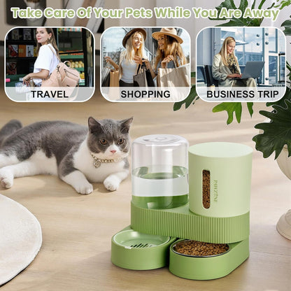 Automatic Cat Feeder Stainless Steel Water Dispenser Gravity Food Feeder and Waterer Set with Pet Food Bowl for Small Medium Kitten Puppy Pets Large Capacity(Green)7