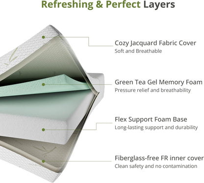EGOHOME 8 Inch Twin Mattress Medium Firm, Green Tea Memory Foam Mattress | Cooling Green Tea Gel, Washable Removable Cover, Pressure Relief, Bed in a Box, Fiberglass Free, Certipur-Us Certified3