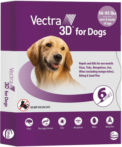 Vectra 3D Flea and Tick Prevention for Large Dogs 56–95 Lbs, 3‑Month | Kills and Repels Fleas, Ticks & Mosquitoes | Fast‑Acting, Waterproof, No Prescription Needed10