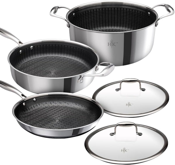 Hell’S Kitchen 5-Piece Hybrid Cookware Set, Tri-Clad Stainless Steel & Pfas-Free Ceramic Nonstick, No PFOA, No PTFE, No Teflon, Non Toxic Cookware, Metal Utensil Safe, All Cooktops & Oven Safe | Tri Clad Stainless Steel, PFAS Free Ceramic Nonstick, No PFOA or PTFE, Metal Utensil Safe, All Cooktops, Oven Safe1