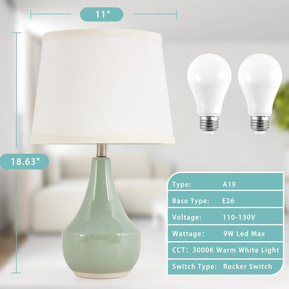18" Table Lamp Set of 2, Ceramic Table Lamp Classic beside Lamps Nightstand Lamp Modern Lamp for Living Room, Bedroom & Office Rocker Switch Sage Green-Led Bulbs Included2