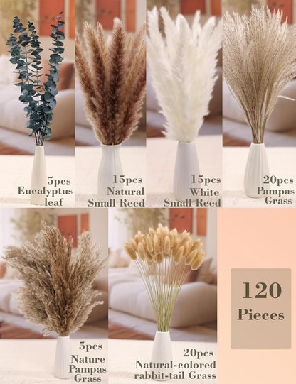 120 PCS Dried Pampas Grass, Dried Flowers, Reed Grass Bouquet for Bohemian Flowers Home Table Wedding Decoration, Rustic Farmhour.(Light Brown)2
