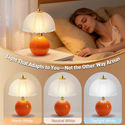 Mushroom Table Lamp, Ceramic Bedside Lamp with Glass Shade, 3-Way Lighting (2700K-5000K) Rocker Switch, Small Nightstand Lamp for Bedroom, Living Room, Office, Orange3