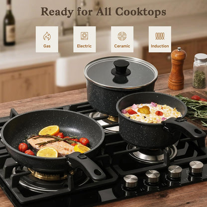 15Pcs Pots and Pans Set Non Stick, Detachable Handle, Induction | Nonstick,Black, Aluminum, Granite Coating,Induction Ready, RV Kitchen, Stackable Design, Space-Saving for Small Kitchens4