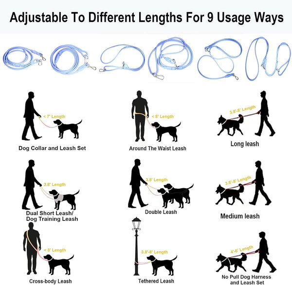 9-In-1 Hands Free Dog Leash Crossbody/Waist Blue Small Dogs | Adjustable, Waterproof No-Pull Dog Collar/Harness/Leash Set, Heavy Duty, Slip Lead, Fits 8-120Lbs5