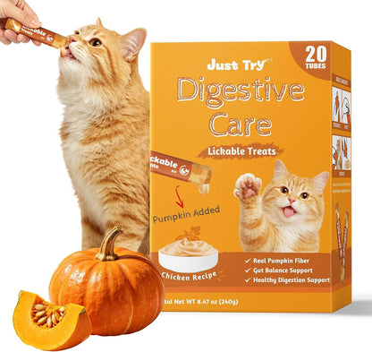 Just Try Pumpkin Lickable Cat Treats with Taurine, 20 Tubes | Soft Texture Supports Healthy Digestion and Gut Health. Ideal for Indoor and Senior Cats Daily Treat Time1