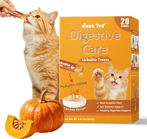 Just Try Pumpkin Lickable Cat Treats with Taurine, 20 Tubes | Soft Texture Supports Healthy Digestion and Gut Health. Ideal for Indoor and Senior Cats Daily Treat Time1