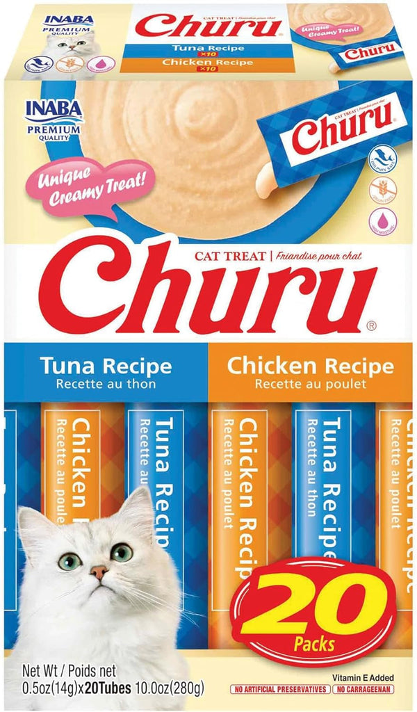 INABA Churu Cat Treats, Lickable, Squeezable Creamy Purée Cat Treat with Vitamin E, 0.5 Ounces Each Tube, 20 Tubes, Tuna & Chicken Variety1