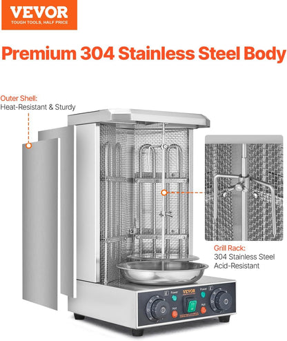 Shawarma Grill Machine, 122°F-572°F, 13Lbs Capacity, Chicken Shawarma Cooker Machine with 2 Burners, Stainless Steel, Electric Vertical Broiler Gyro Rotisserie Oven for Home and Commercial Use2