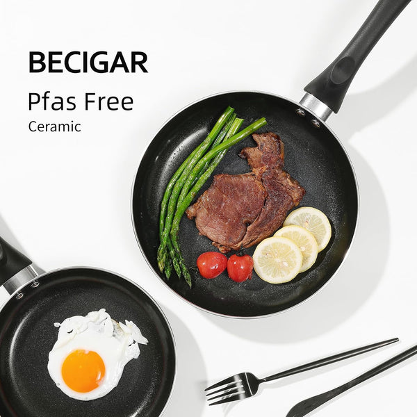 8 Pcs Ceramic Pots and Pans Set | Nonstick Cookware Set, Design for Kitchen & Camping & RV Cooking, Include Frying Pans, Saucepans with Lids, Shovel and Ladle3