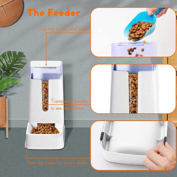 2 Packs Automatic Cat Feeder and Waterer, Gravity Dog Food and Water Dispenser Set for Small Medium Big Pets Cats Dogs Puppy Kitten, 1 Gallon X 2 (White)4