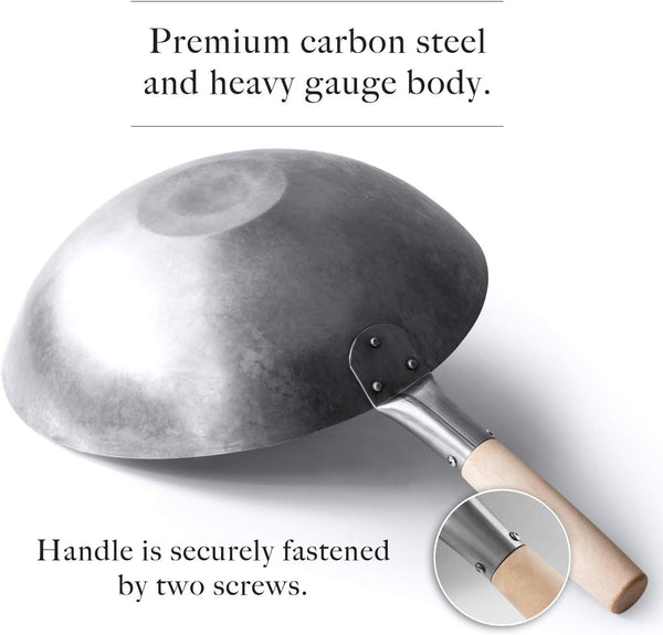 Flat Bottom Wok with Lid, Hand Hammered Carbon Steel Wok Set, 14"4