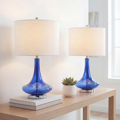 Cecile 25.5" Metal Glass Lamp, Cobalt Blue/Chrome, Set of 2 | White Linen Drum Shade, Teardrop Base, 60" Silk Wrapped Cord, LED Bulbs Included2