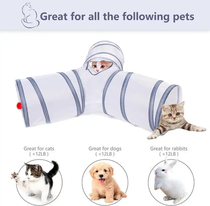 Cat Tunnel, Collapsible Tube with 1 Play Ball Toys, 3 Ways Tunnels for Indoor Cats, Puppy, Kitty, Kitten, Rabbit (White and Gray)2