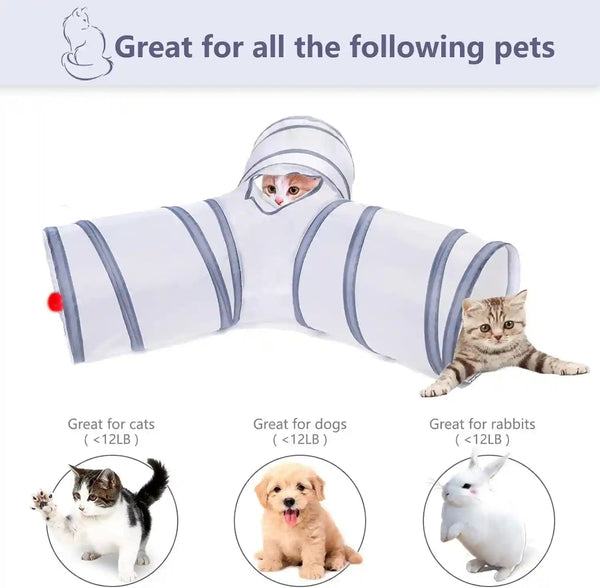 Cat Tunnel, Collapsible Tube with 1 Play Ball Toys, 3 Ways Tunnels for Indoor Cats, Puppy, Kitty, Kitten, Rabbit (White and Gray)2