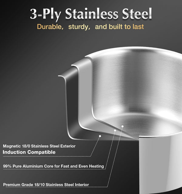 Tri-Ply Stainless Steel Cookware Set 10 Piece, Professional 18/10 Stianless Steel Pots and Pans Set, Oven & Induction Safe, Non-Toxic Kitchen Cookware Set for Family Cooking, 10Pcs8