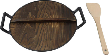 Cast Iron， Pre-Seasoned Wok 12.5" with Wood Spatula and Wood Lid3