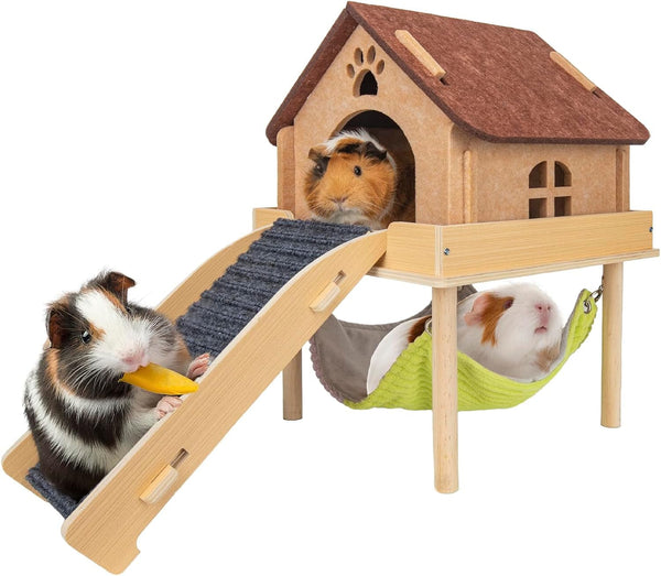 BESNEW 3 in 1 Enlarged Guinea Pig Hammock,Wooden Guinea Pig Hideout with House & Platform & Stairs Small Animal Toys for Hiding Sleeping Activities1