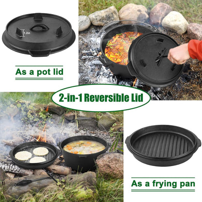 5QT Cast Iron Dutch Oven with Stainless Steel Scrubber,  2-In-1 Pre-Seasoned Camping Pot, Heavy Duty Campfire Pot with Feet for Outdoor Stovetop Griddle Cooking Baking Roasting Stewing5