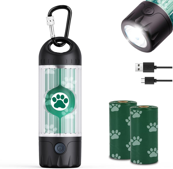 Tubasion 3-In-1 Dog Poop Bag Holder with Flashlight 7-Color, USB-C Rechargeable Doggie Bag Holder for Leash, IPX6 Waterproof Anti-Slip Clip Pet Waste Bag Dispenser for Walking (1 Dispenser, 30 Bags)1