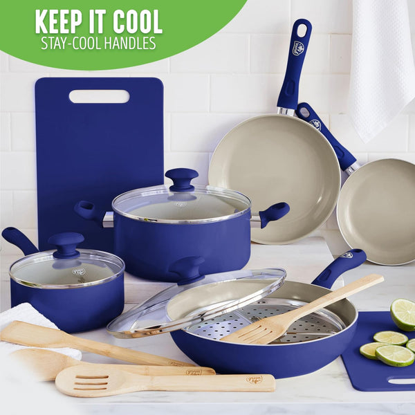 Sandstone Healthy Ceramic Nonstick, 15 Piece Kitchen Cookware Pots and Frying Sauce Pans Set, PFAS- Free, Dishwasher Safe, Blue6