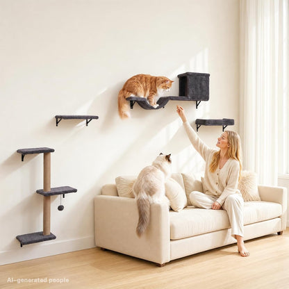 6-In-1 Cat Wall Shelves for Indoor Cats, Wall Mounted Furniture with Bed, Cave, Perch & Scratching Post, Multi-Level Climbing System, Space-Saving Playground, Natural Wood Gray4