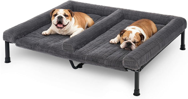 Veehoo Fluffy Plush Double Dog Couch Bed for Two Large Dogs, Washable Elevated Dog Beds with Removable Bolster Cushion, Cooling Raised Pet Cot with Breathable Mesh, No-Slip Feet, 59 X 37 Inches, Grey9