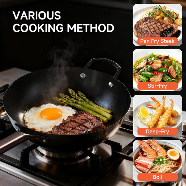 13.5" Carbon Steel Wok Pan - Pre-Seasoned Flat Bottom Woks & Stir-Fry Pans Chinese Cookware with Lid & Spatula - for Pan-Fry,Stir Fry, Steam, BBQ & Camping - Compatible with Induction, Gas9