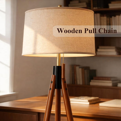 Mid Century Tripod Floor Lamp with Pull Chain,Black & Gold Finish | Two-Tone Solid Wood Design,Linen Tapered Drum Shade,Tall Standing Lamp for Living Room,Bedroom & Reading Corner,Bulb Included5