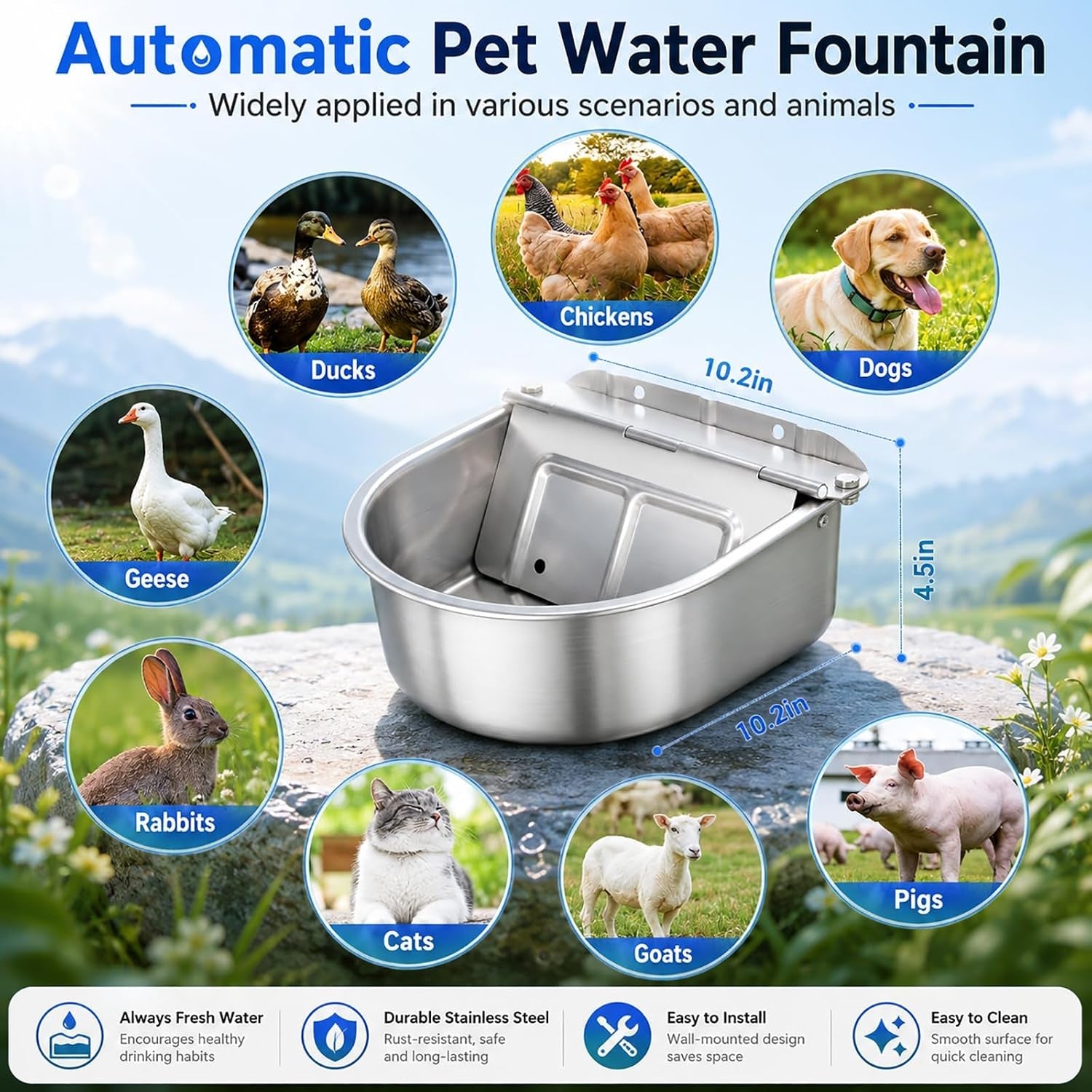 bwogue-automatic-water-dispenser-for-dogs-1gal-outdoor-automatic-water-bowl-outdoor-dog-water-dispenser-with-float-valve-stainless-steel-bowl-1-2-in-3-4-in-faucet-fit-wall-ground-use-dogs-chickens