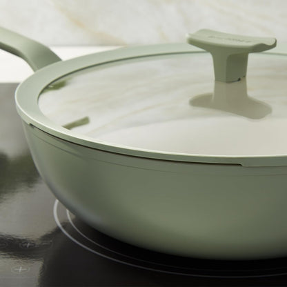 Leo Balance Ceramic Nonstick Wok Pan & Glass Lid, 12.75" 6.2Qt | Induction Compatible Flat Bottom Recycled Aluminum Stir Fry Pan, PFAS & PTFE Free, Stay Cool Helper Handle, Sage Green6