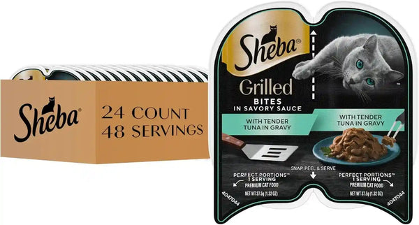 Sheba Perfect Portions Grilled Bites Wet Cat Food, Tuna, 2.6 Oz, 24 Ct | Real Tuna, Snap-Peel-Serve Twin-Pack Trays, Zero Leftovers, Shredded Grilled Strips, Aafco-Compliant, 48 Servings1