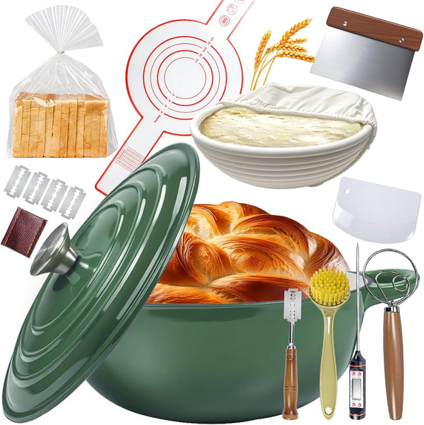 5QT Enameled Cast Iron Dutch Oven for Bread & Multi-Cooking – Complete Sourdough Starter Kit with Lid ,Probe Thermometer, Proofing Basket, Silicone Sling & Gift Packaging Bags,Oven Safe up to 500°F(Green)1