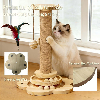 Wooden Cat Scratching Post, 4 in 1 Cat Scratcher Kitten Toys | 17.7" Tall Sisal Post for Indoor Cat with Two-Laye Wooden Ball Track, Ideal for Small Medium Cat6