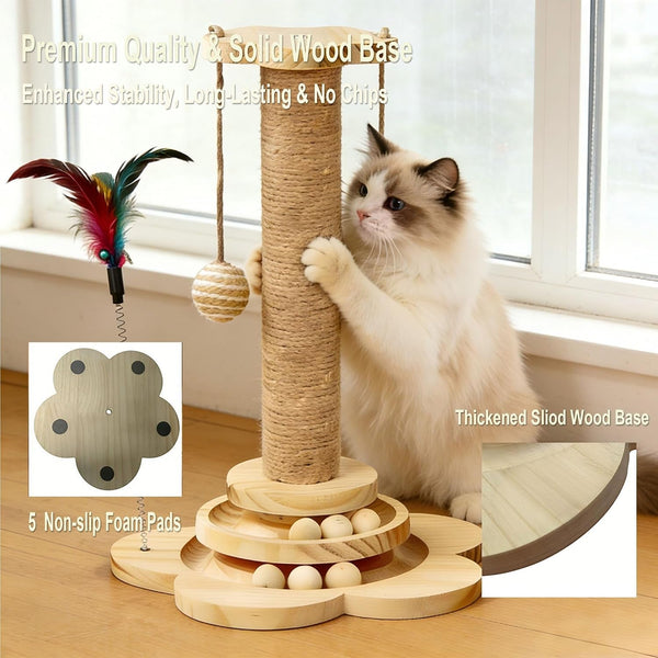 Wooden Cat Scratching Post, 4 in 1 Cat Scratcher Kitten Toys | 17.7" Tall Sisal Post for Indoor Cat with Two-Laye Wooden Ball Track, Ideal for Small Medium Cat6