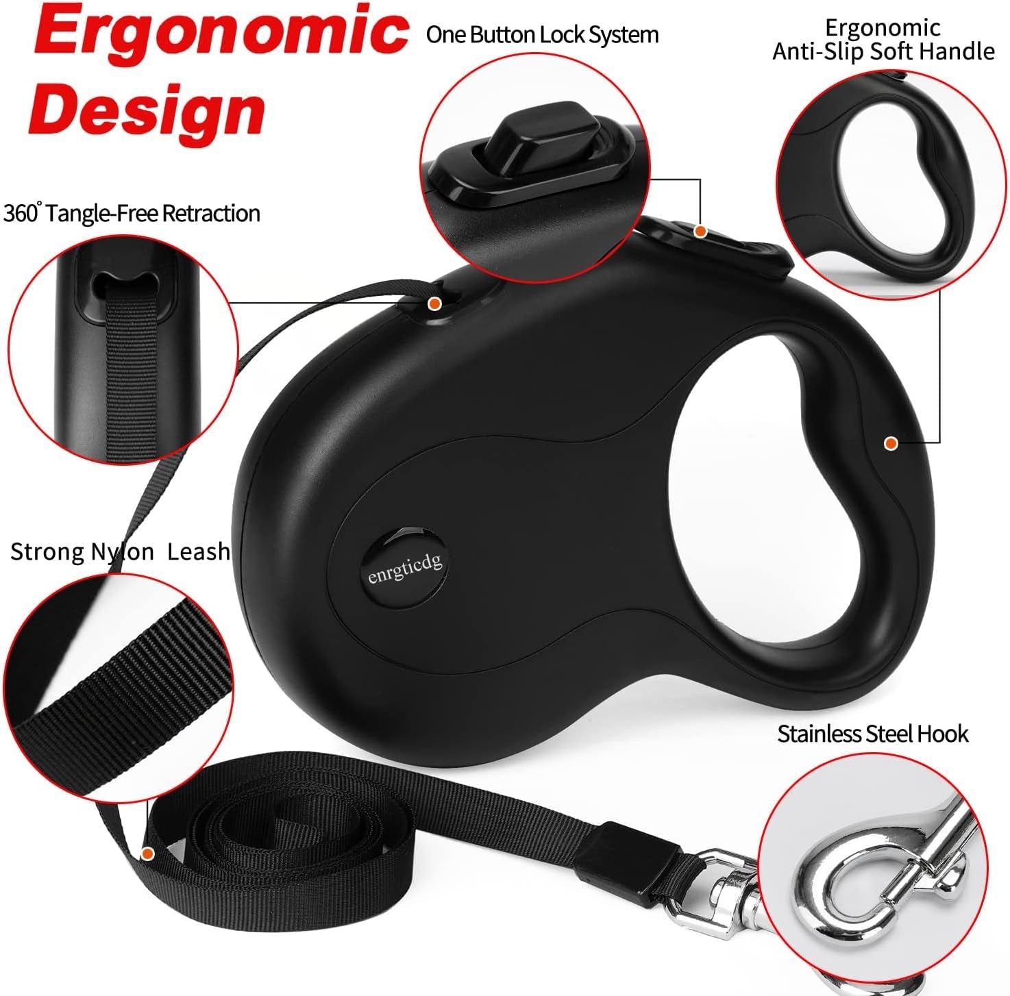 enrgticdg-16ft-retractable-dog-leash-light-weight-leash-for-small-to-medium-dogs-cats-up-to-50lbs-stainless-steel-spring-strong-nylon-tape-tangle-free-one-handed-brake-black