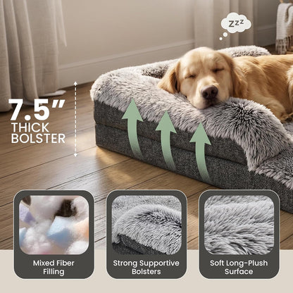 Corner Dog Bed Large, 39" Calming Fluffy Orthopedic Pet Beds, Grey | Space Saving Plush Corner Nest,Egg-Crate Foam, Washable Cover, Waterproof Liner, Non-Slip Bottom and Bolsters for Large Dogs4