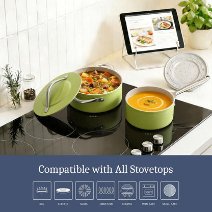 Premium G7 Ceramic Cookware Set, 8-Piece Nonstick Pots and Pans | with Lids, PFAS & PFOA Free, Induction Compatible, Oven Safe to 500°F, Fast Even Heating, Olive Green7