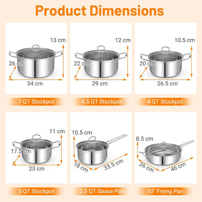 12 Piece Pots & Pans Set, Stainless Steel Cookware Set with Tempered Glass Lids, Handles & 3-Ply Base, 4 Stockpots, 1 Frying Pan & 1 Sauce Pan for Stovetop, Induction, Halogen9