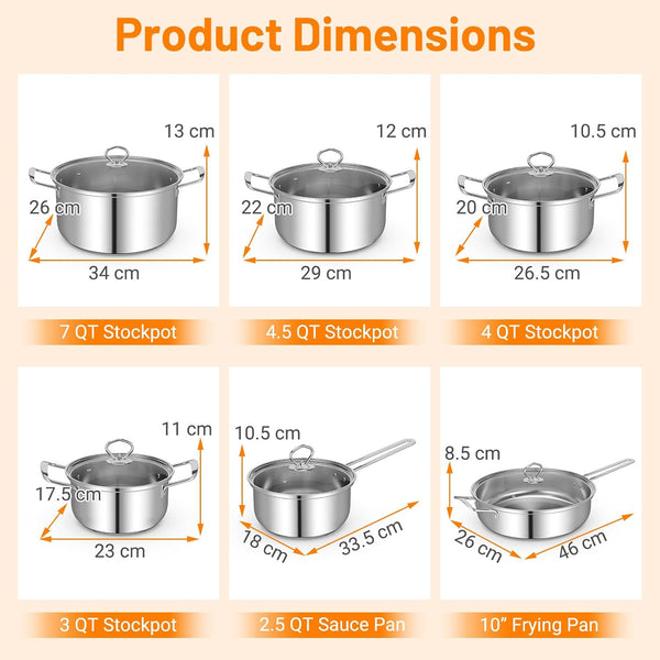 12 Piece Pots & Pans Set, Stainless Steel Cookware Set with Tempered Glass Lids, Handles & 3-Ply Base, 4 Stockpots, 1 Frying Pan & 1 Sauce Pan for Stovetop, Induction, Halogen9