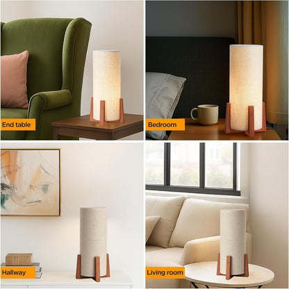 Modern Small Table Lamps, Nightstand Lamp with Linen Fabric Shade, 13.97" Cylinder Wood Base Bedside Table Lamp for Bedroom Office Living Room Home Decor7