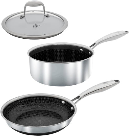 Hell’S Kitchen 3-Piece Hybrid Cookware Starter Set, Tri-Clad Stainless Steel & Pfas-Free Ceramic Nonstick, No PFOA, No PTFE, No Teflon, Non Toxic Cookware, Metal Utensil Safe, All Cooktops & Oven Safe | Tri Clad Stainless Steel, PFAS Free Ceramic Nonstick, No PFOA or PTFE, Metal Utensil Safe, All Cooktops, Oven Safe1