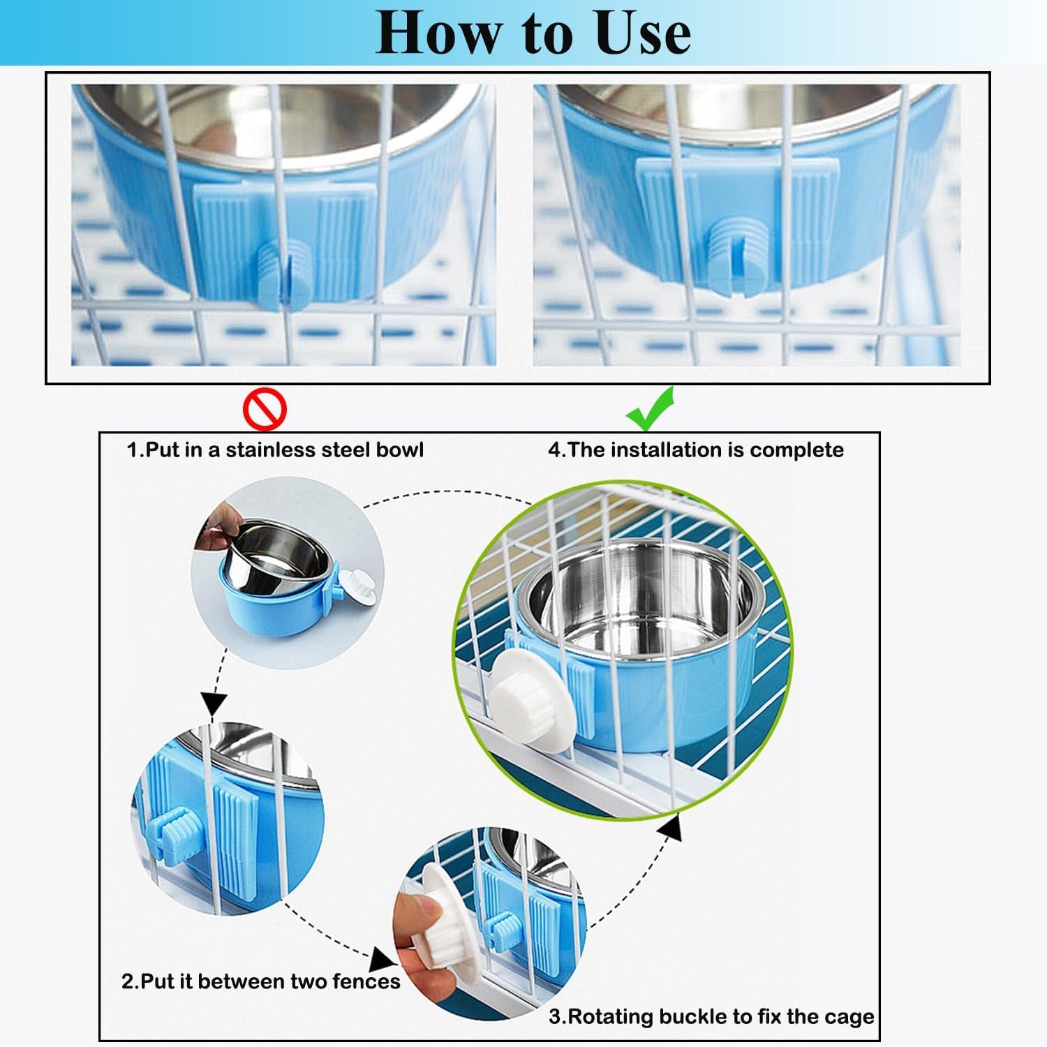 mechpia-2-pieces-crate-dog-bowl-removable-stainless-steel-pet-kennel-hanging-food-water-feeder-bowl-cage-coop-cup-for-puppy-medium-dog-cat-rabbit-ferret-bird-blue-green