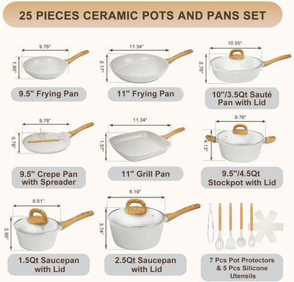 Nonstick Pots and Pans Set, 25-Piece Ceramic Cookware Set, Induction Kitchen Cooking Set with Frying Pans Saucepans & Utensils, Healthy Non-Toxic, PFAS/PTFE/PFOA Free, White2