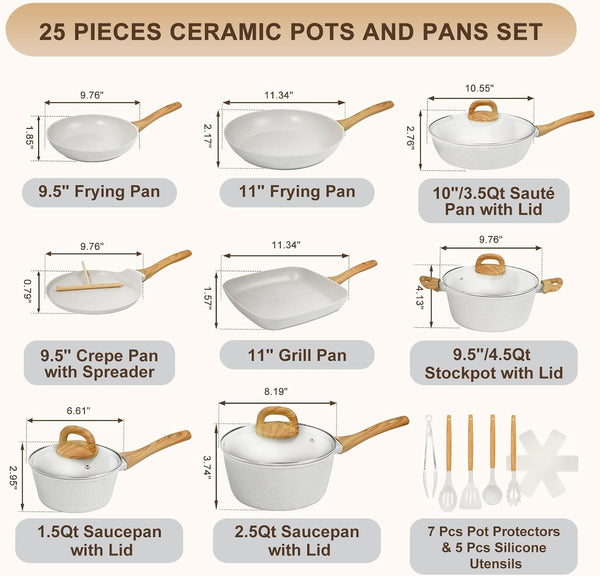 Nonstick Pots and Pans Set, 25-Piece Ceramic Cookware Set, Induction Kitchen Cooking Set with Frying Pans Saucepans & Utensils, Healthy Non-Toxic, PFAS/PTFE/PFOA Free, White2