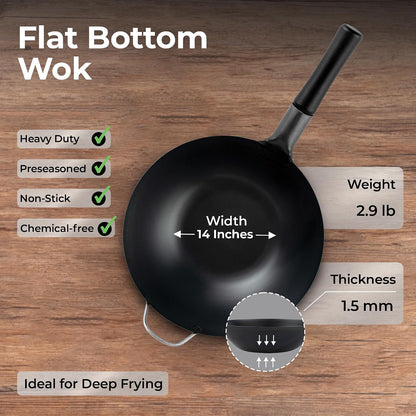 Carbon Steel Wok 1 Pack of 13.3 Inch Heavy-Duty Uniform Heat Distribution Pan Induction Compatible Flat Bottom Wok Welded Handle Black for Gas Stovetops and Grills2