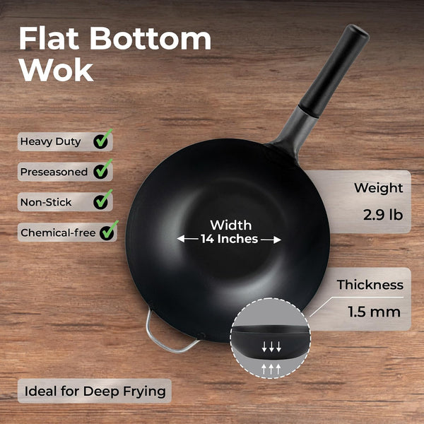 Carbon Steel Wok 1 Pack of 13.3 Inch Heavy-Duty Uniform Heat Distribution Pan Induction Compatible Flat Bottom Wok Welded Handle Black for Gas Stovetops and Grills2