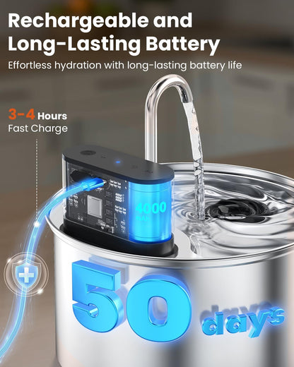 Cat Water Fountain Wireless Stainless Steel with Sensor 3.5L/118Oz Battery Operated Rechargeable Automatic Water Dispenser Quiet Pump for Drinking Indoor, Easy Clean for Cats Dogs Pets5