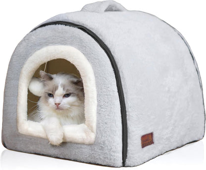 Cat Bed for Indoor Cats，Foldable Cat Cave，Anti-Slip & Water-Resistant Bottom，Cat Houses for Indoor Cats or Small Dogs, Kitten Tent, Rabbit Bed，2 in 1 Pet Bed (Grey)1
