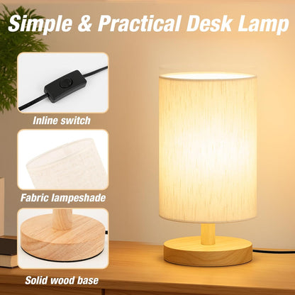 Desk Lamp LED Bulb Included, Small Bedside Table Lamp Plug-In - Classic Wood Base with Flaxen Fabric Shade, Lamps for Night Stands, Simple Nightstand Light for Bedroom, Office, Desk3